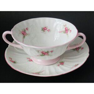 Vintage Shelley Bridal Rose Pink Oleander Handled Cream Soup With Underplate